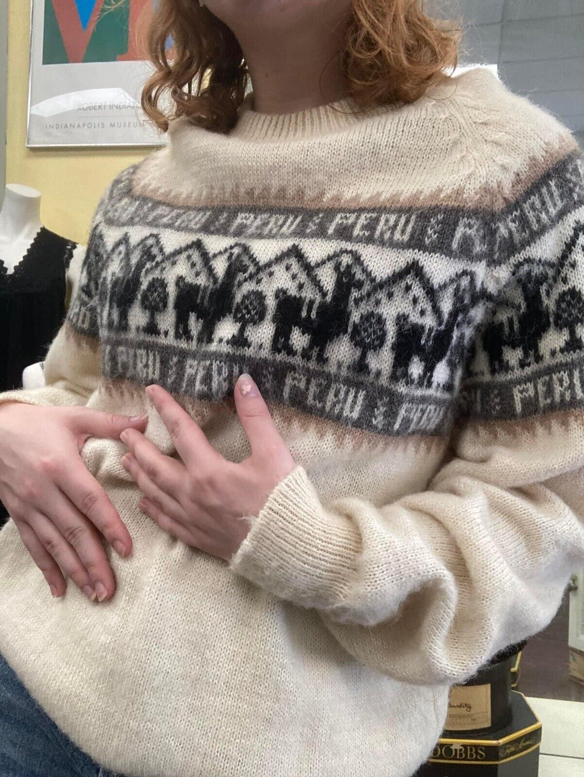 Vintage 70’s Knit Sweater Alpaca Print PERU 100% Alpaca Wool M/L