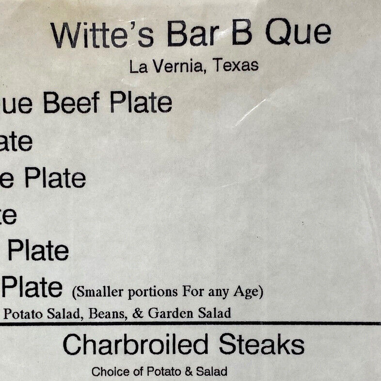 Original 1970s Witte’s Barbeque Restaurant Menu BBQ Bar B Que La Vernia Texas