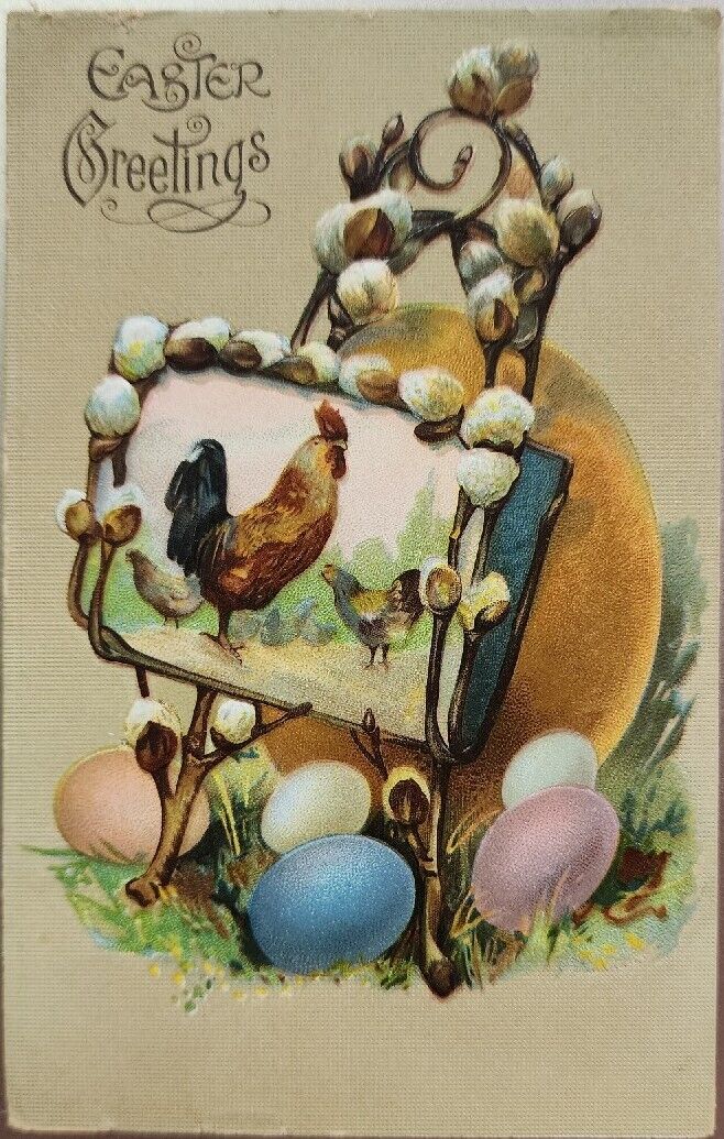 Easter Greetings, Chicken & Eggs, 1908 Vintage Holiday Greeting Embossed