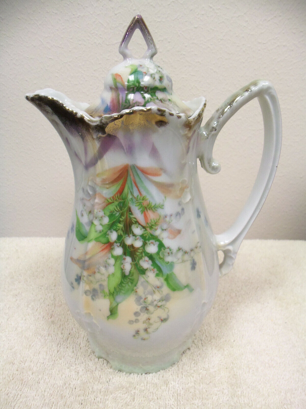 VINTAGE ANTIQUE SILESIEN GERMANY LILY OF THE VALLEY CHOCOLATE COFFEE TEAPOT  