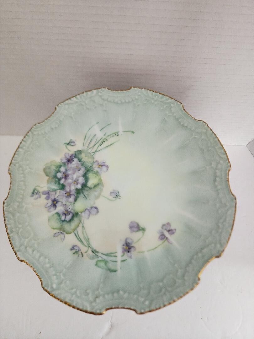 Antique Hand Painted Plate Artist SIGNED Floral Dish Gold Floral 8 1/4” Dia