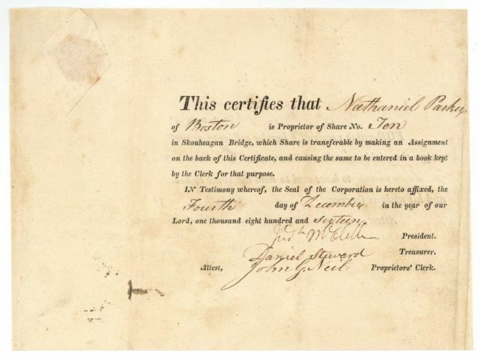 Skouheagan Bridge 1816 - Stock Certificate - Early Stocks and Bonds