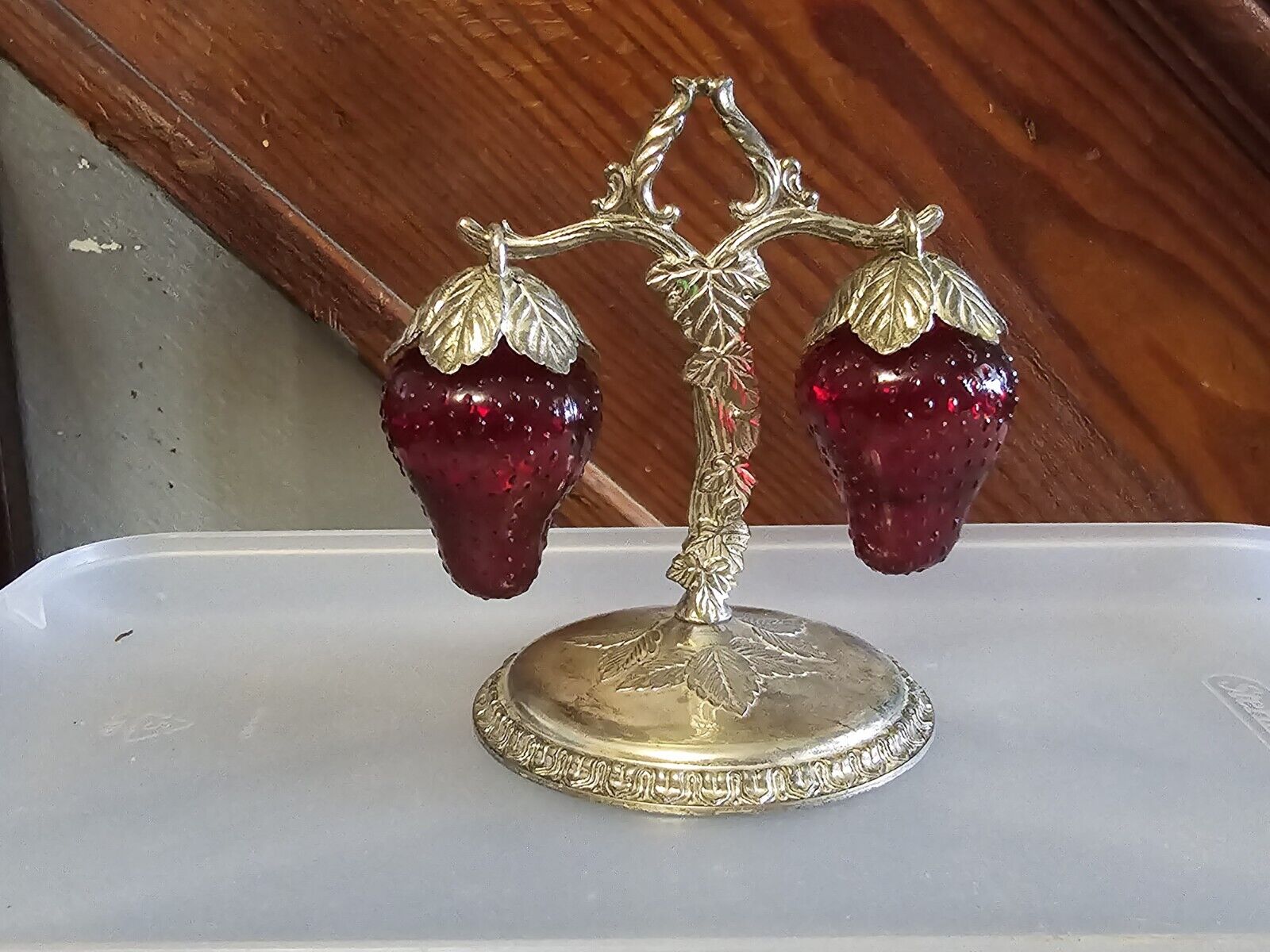Vintage Raimond Ruby Red Glass Strawberry Salt & Pepper Silver Plate With Stand