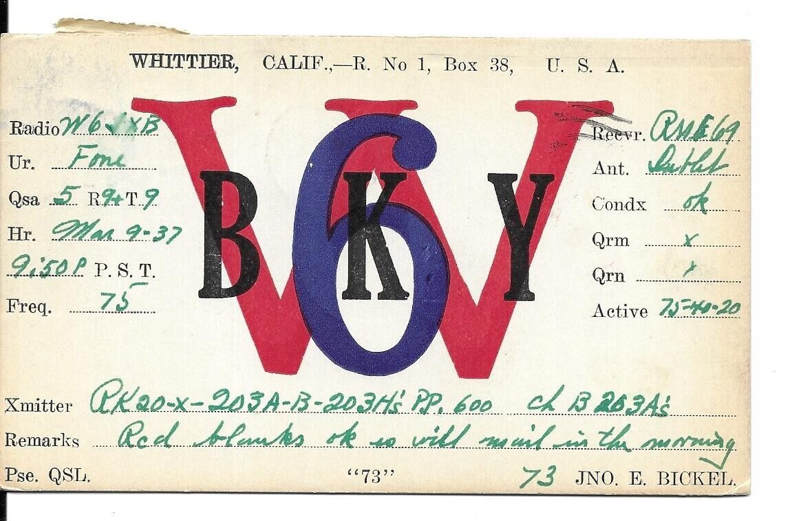 QSL 1937 Whittier CA    radio card