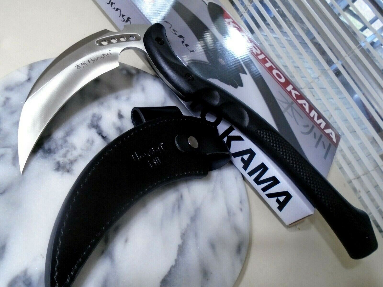 Honshu Karito Kama Sickle Knife Spike 7Cr13 5mm Tang Leather Sheath 3398 15.50
