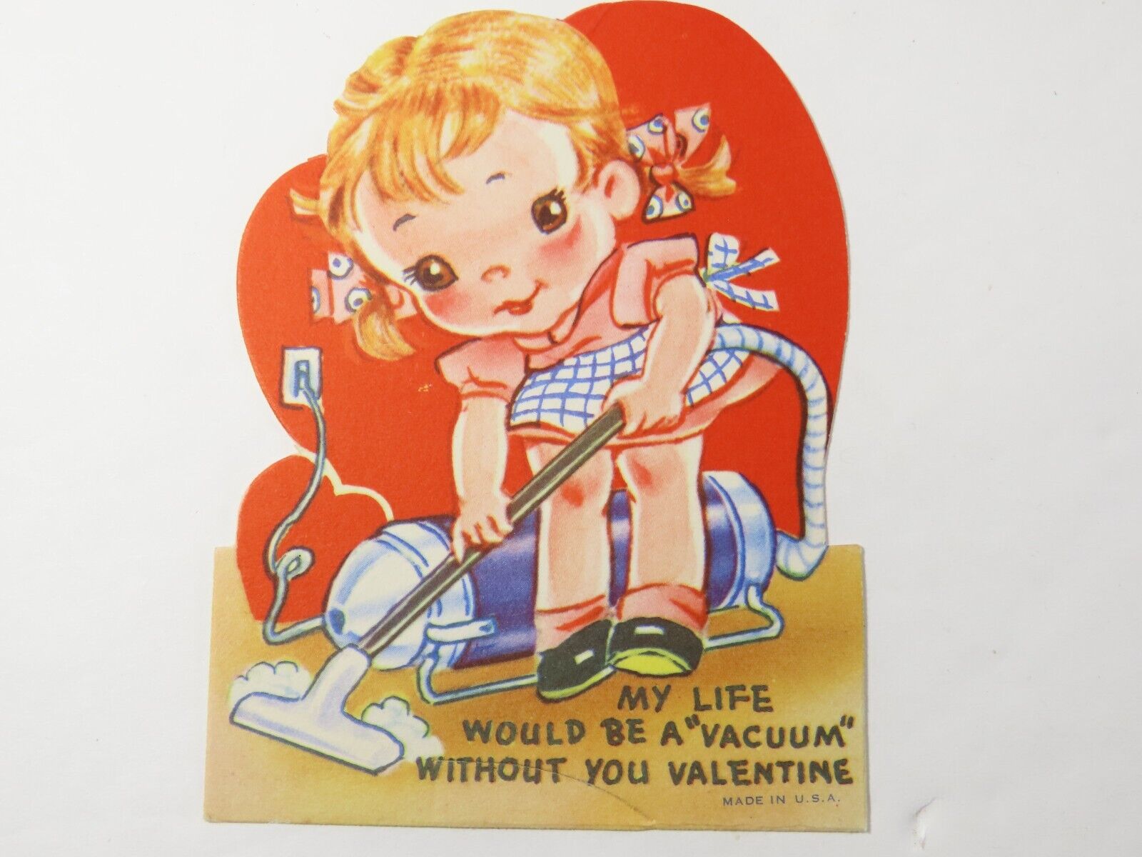 Vintage Valentine Card Die Cut Girl Vacuum Cleaner Cleaning C7783