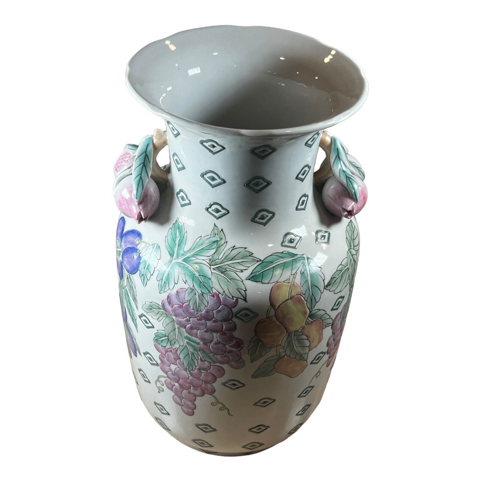 Porcelain Macau Vase Pomegranate Handles Excel. Used Condition 12.25”T x 6.75”W