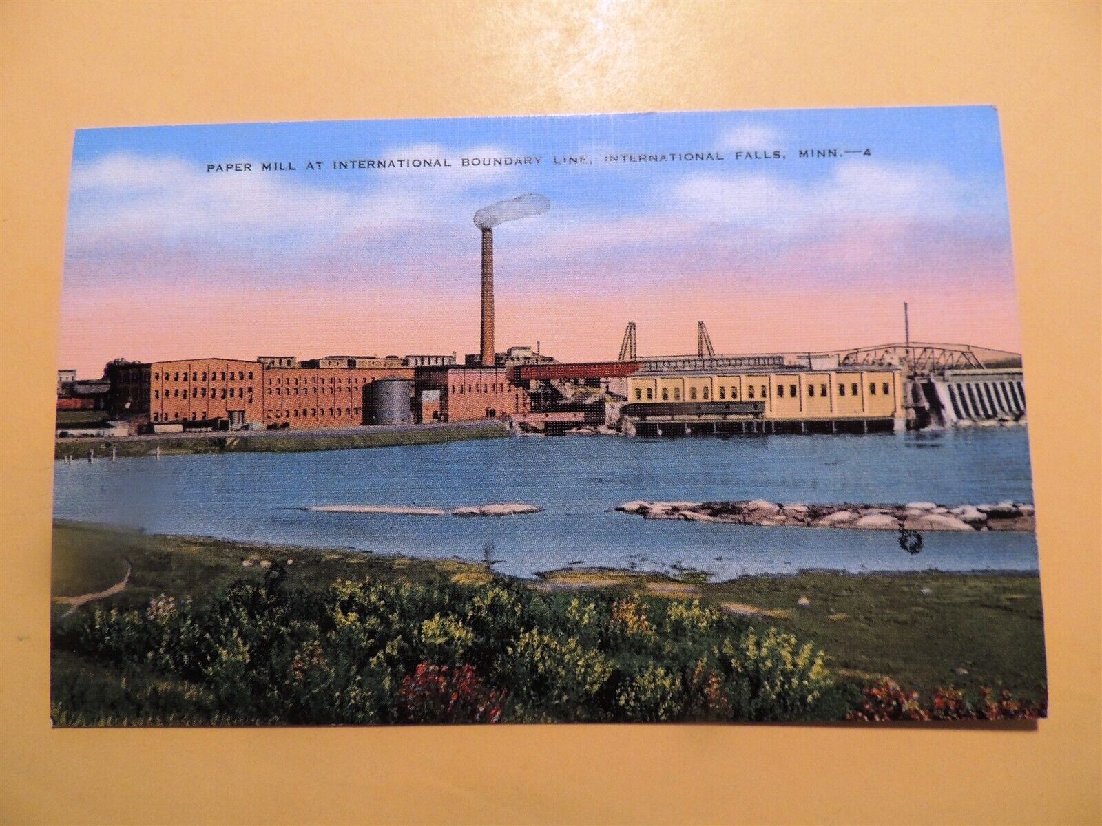 International Falls Minnesota vintage linen postcard Paper Mill