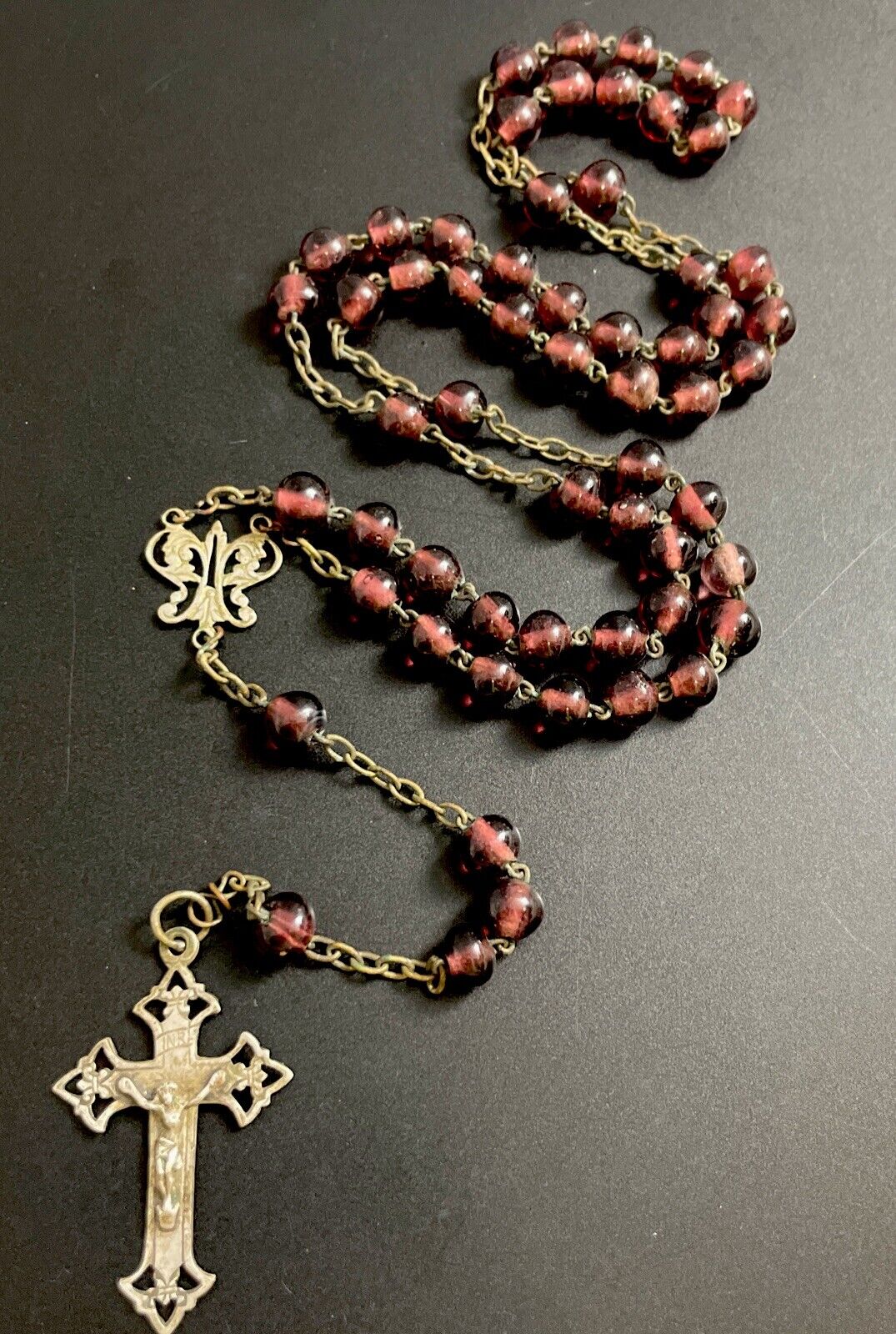 Vintage Catholic Purple  Glass Rosary Silver Tone Crucifix, France
