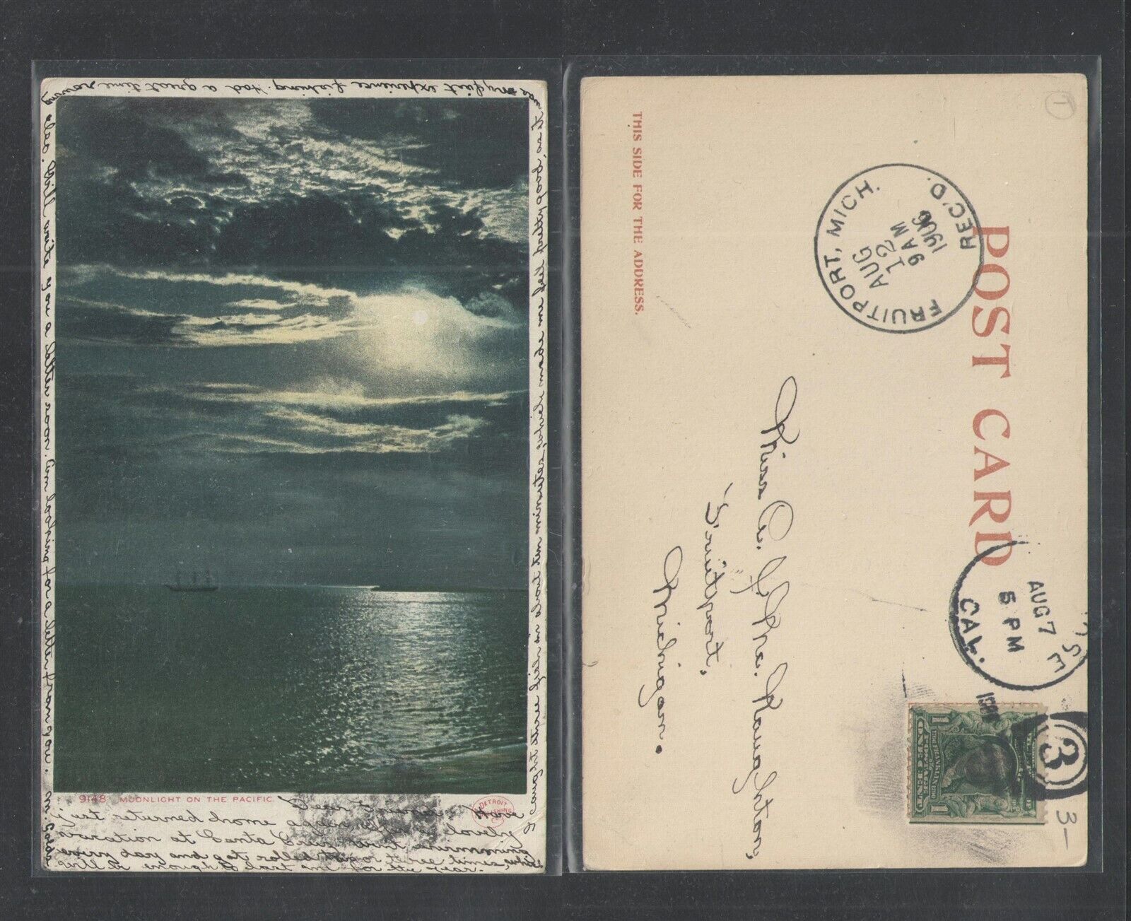1906 MOONLIGHT ON THE PACIFIC { CALIFORNIA } UDB UNDIVIDED BACK POSTCARD