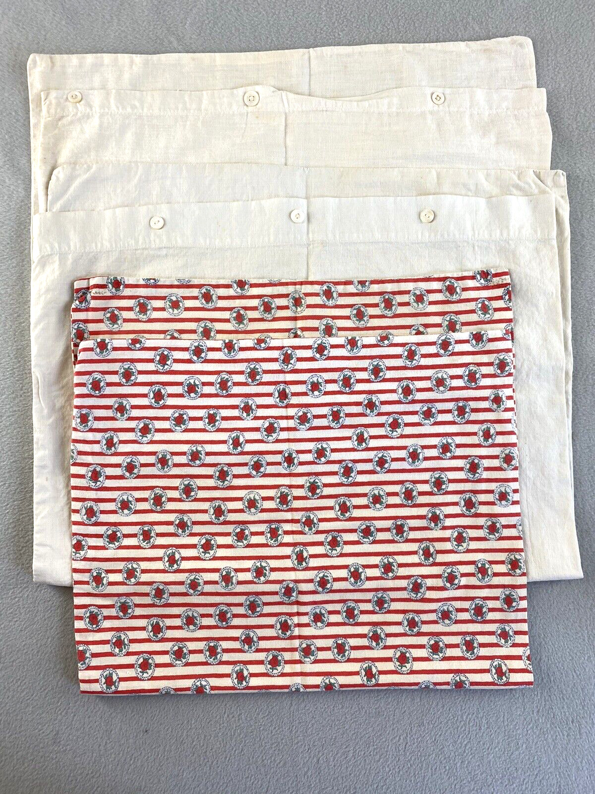 Vintage Antique Handmade Pillow Cases White Button Close and Red Stripe Lot of 3