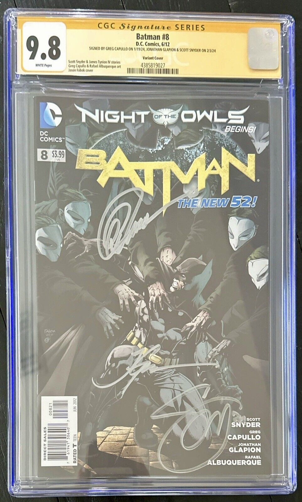 Batman #8 FABOK VARIANT COVER CGC SS 9.8 SIGS BY CAPULLO, SNYDER, GLAPION H/P
