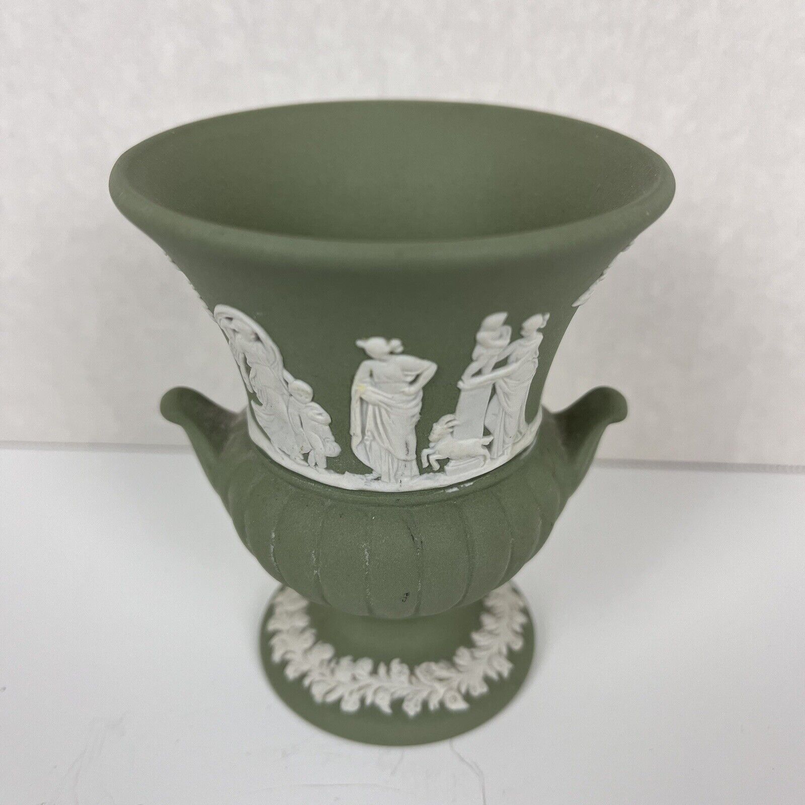 Vintage Wedgwood Jasperware Sage Green Small Grecian Urn Vase 3 1/2\