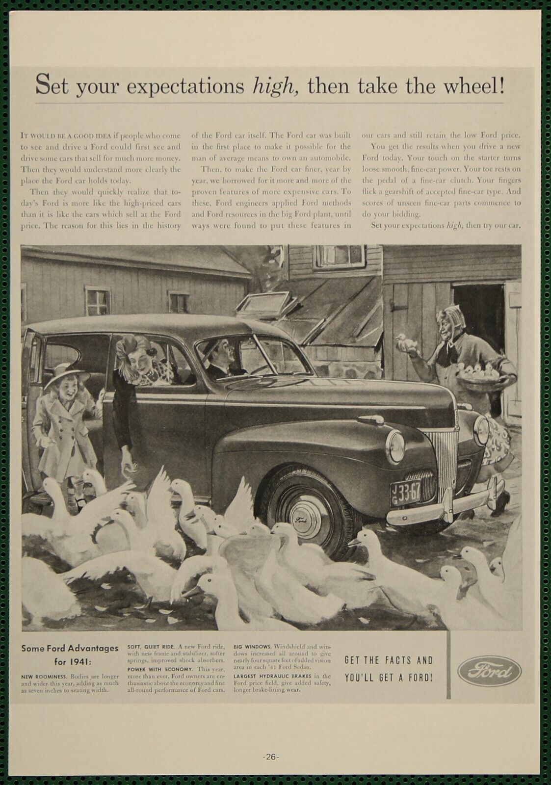 Ford 1941 Fordor Sedan Family Farm Geese Vintage Print Ad Reprint 1978