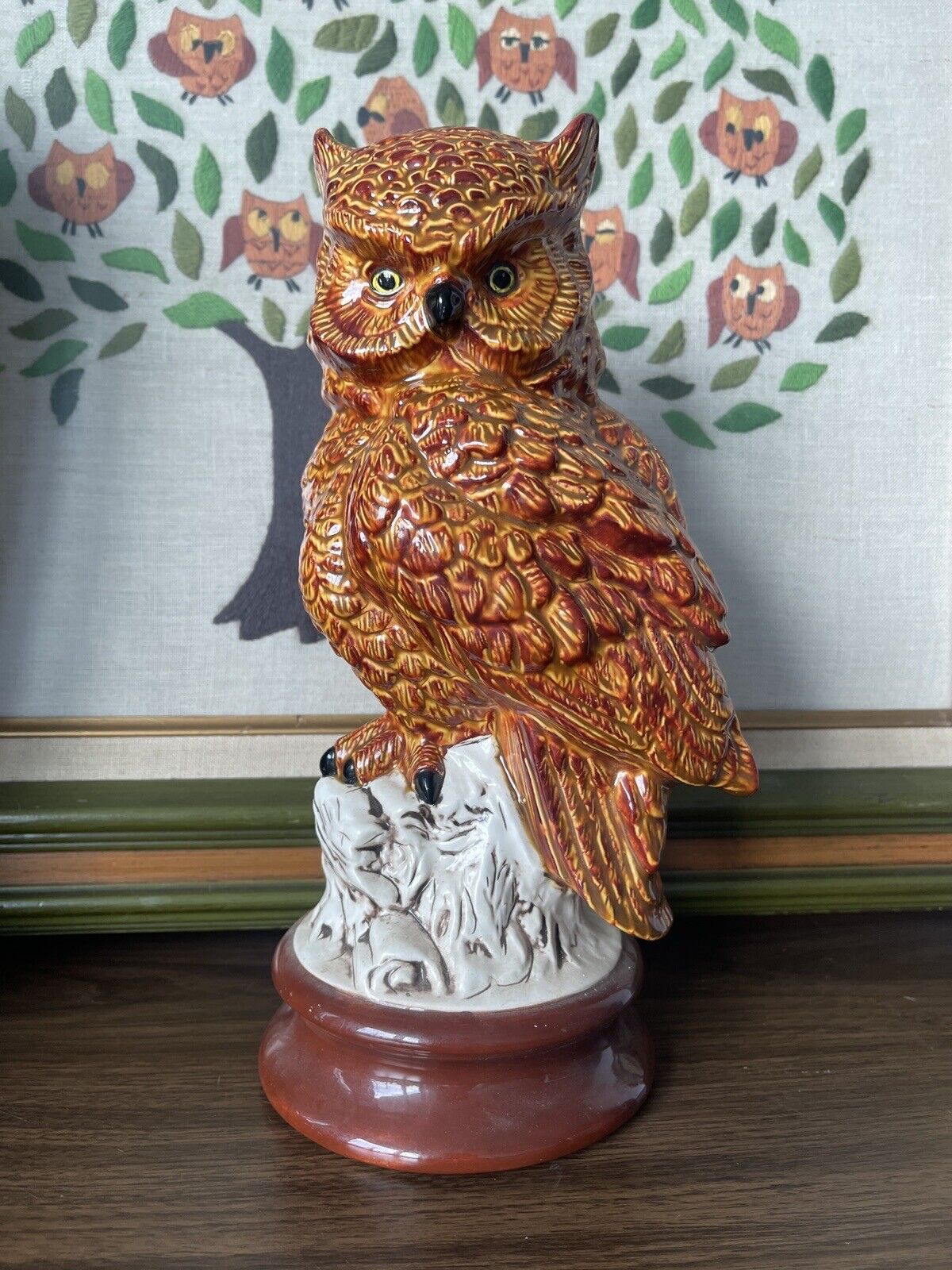 VINTAGE GREAT HORNED OWL Figurine Hand Painted 12” Large Byron Mold 1970s MCM