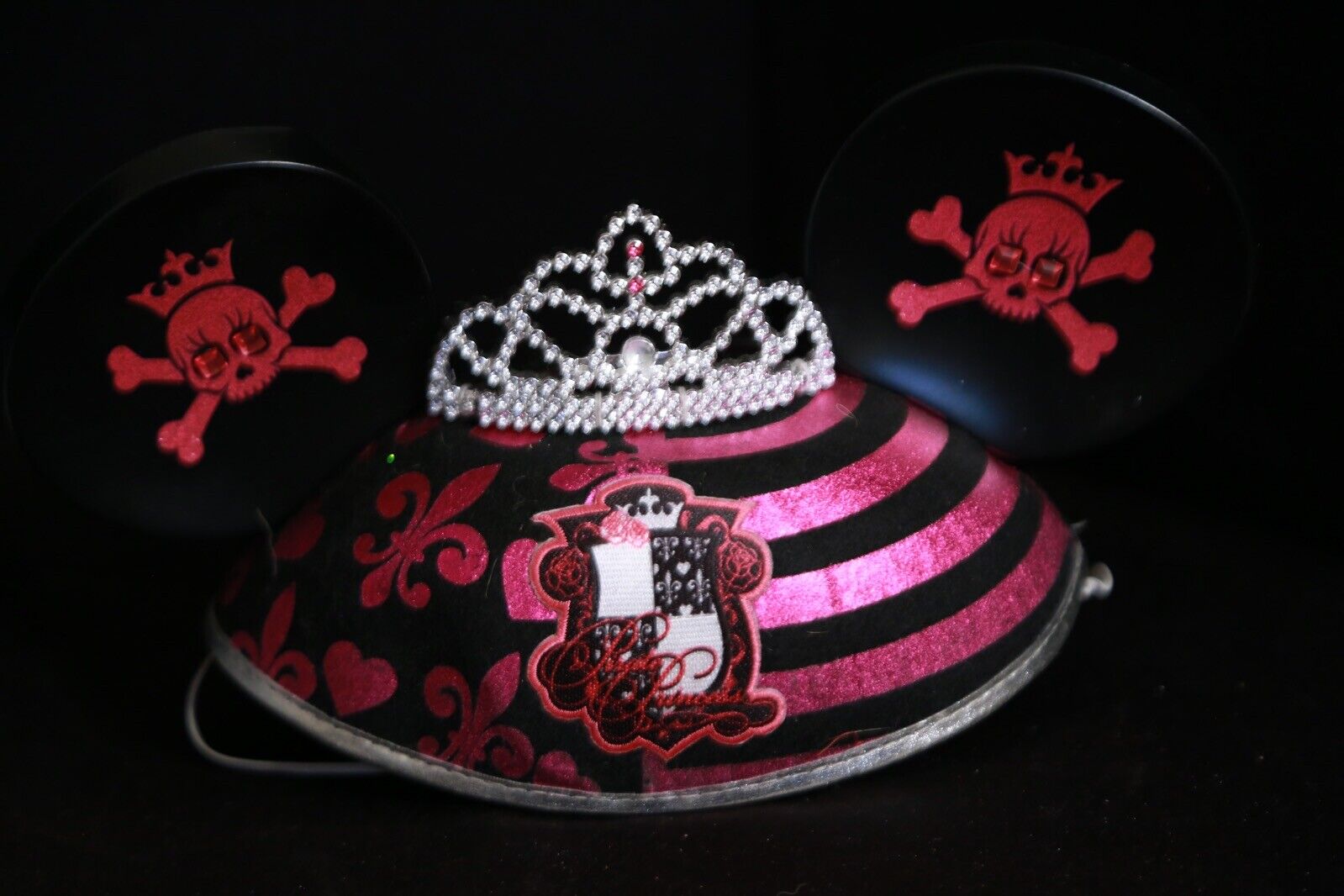 Disney Mickey Ears Pirate Princess Hat Tiara Crown Pink Black Stripe