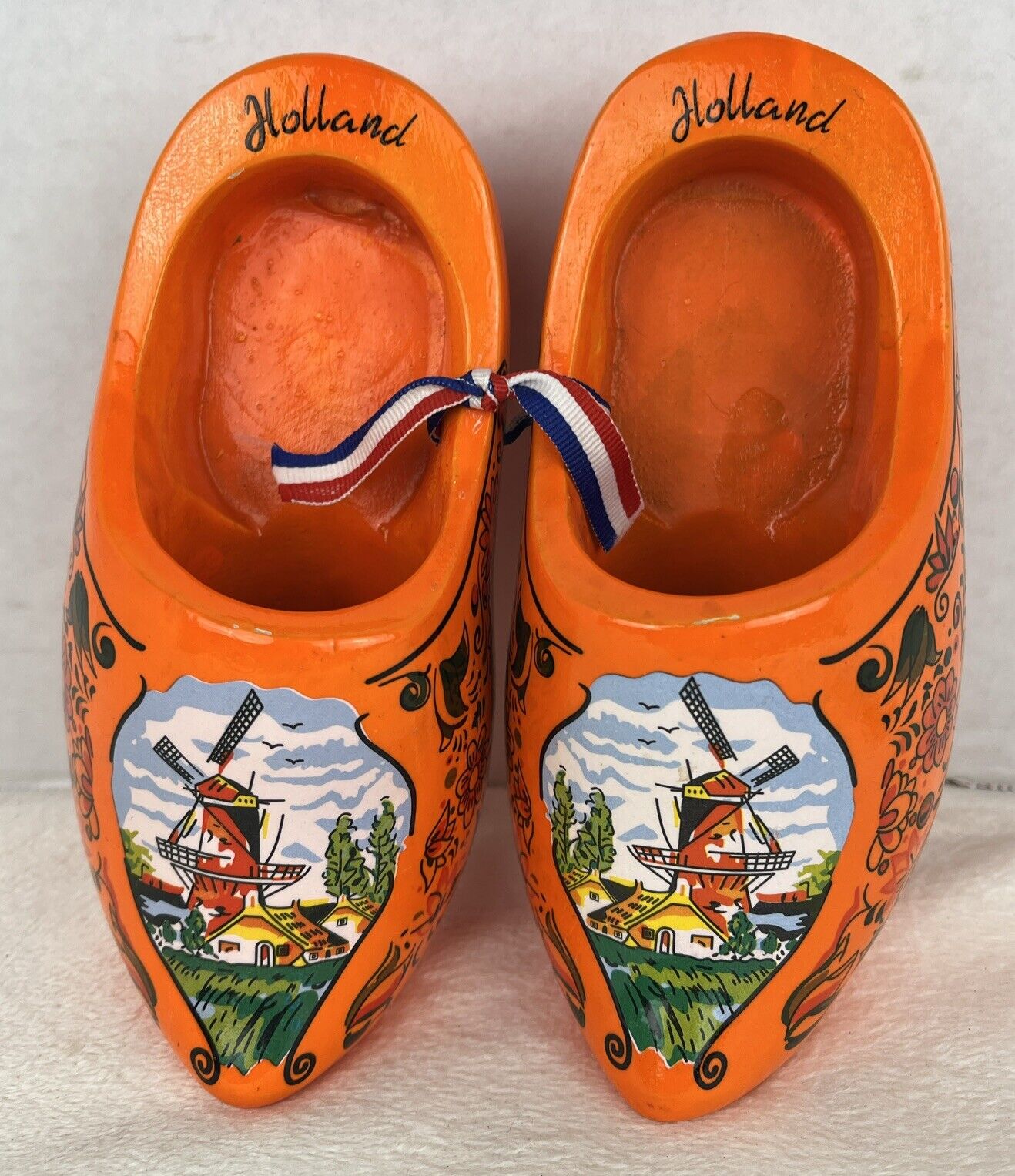 Dutch Holland 6” Orange Wood Shoes With Windmills & Floral Pattern