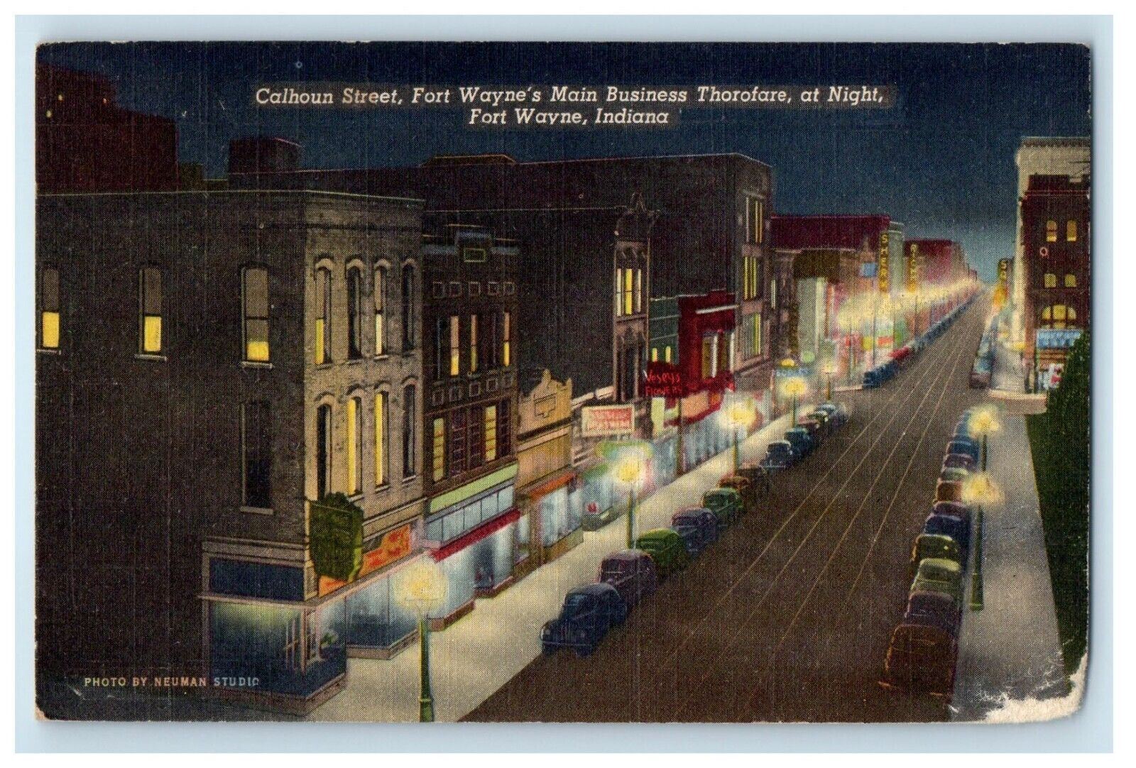 c1930's Calhoun Street Fort Wayne's Main Business Thorofare At Night IN Postcard