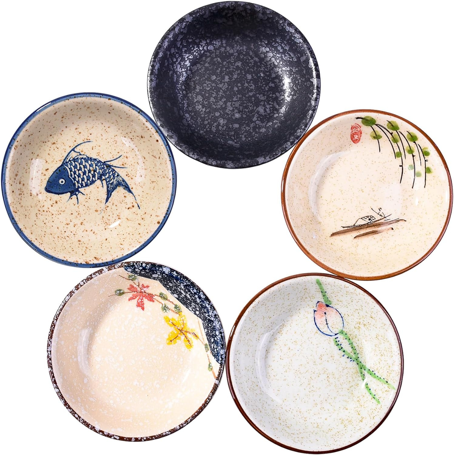 Sushi Sauce Dishes Set of 5, Japanese Retro Porcelain Soy Side Dish Bowl Seasoni