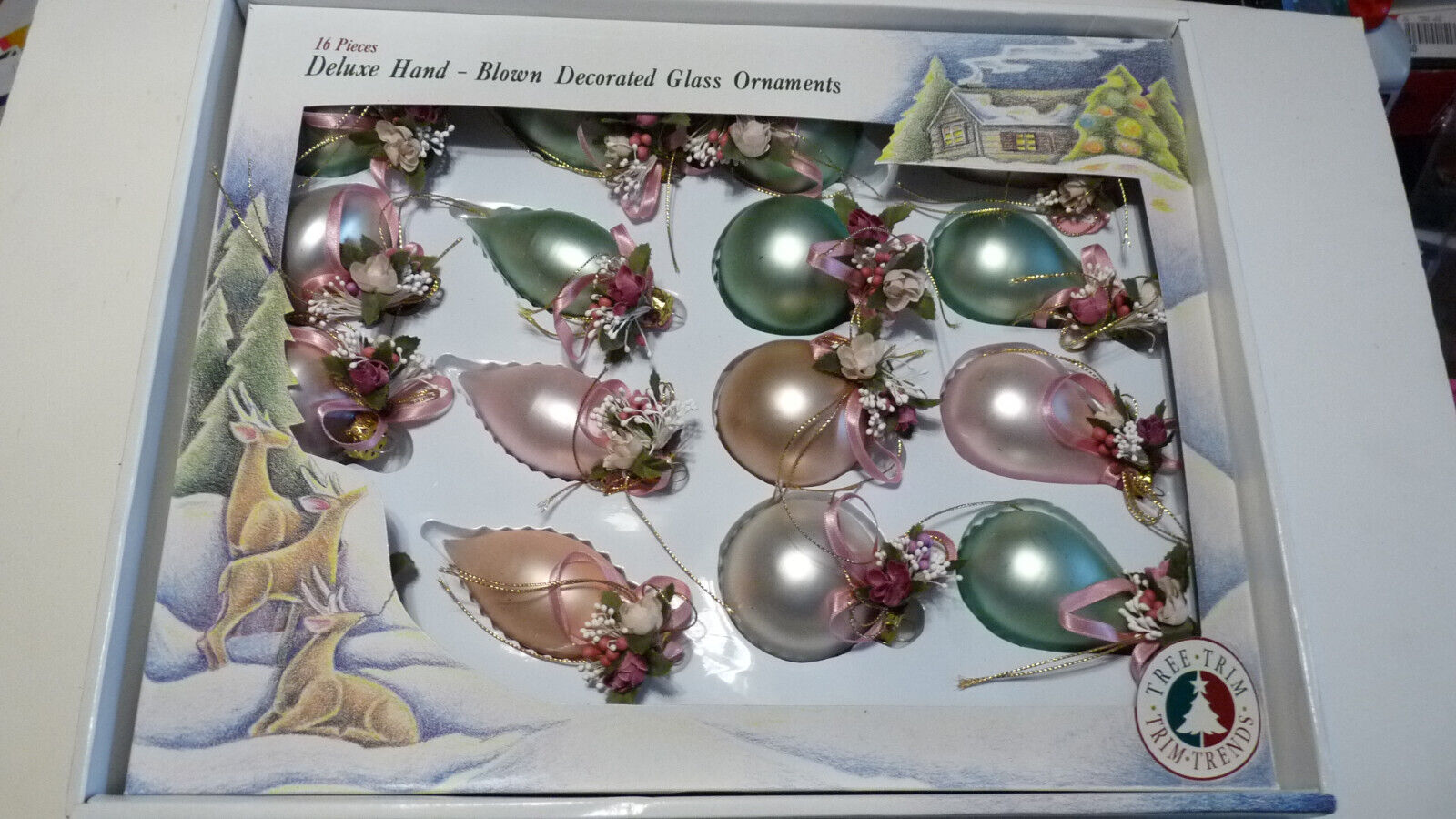 Vintage 16 Piece Deluxe Hand Blown Decorated Glass Ornaments 1991 Eden Prairie