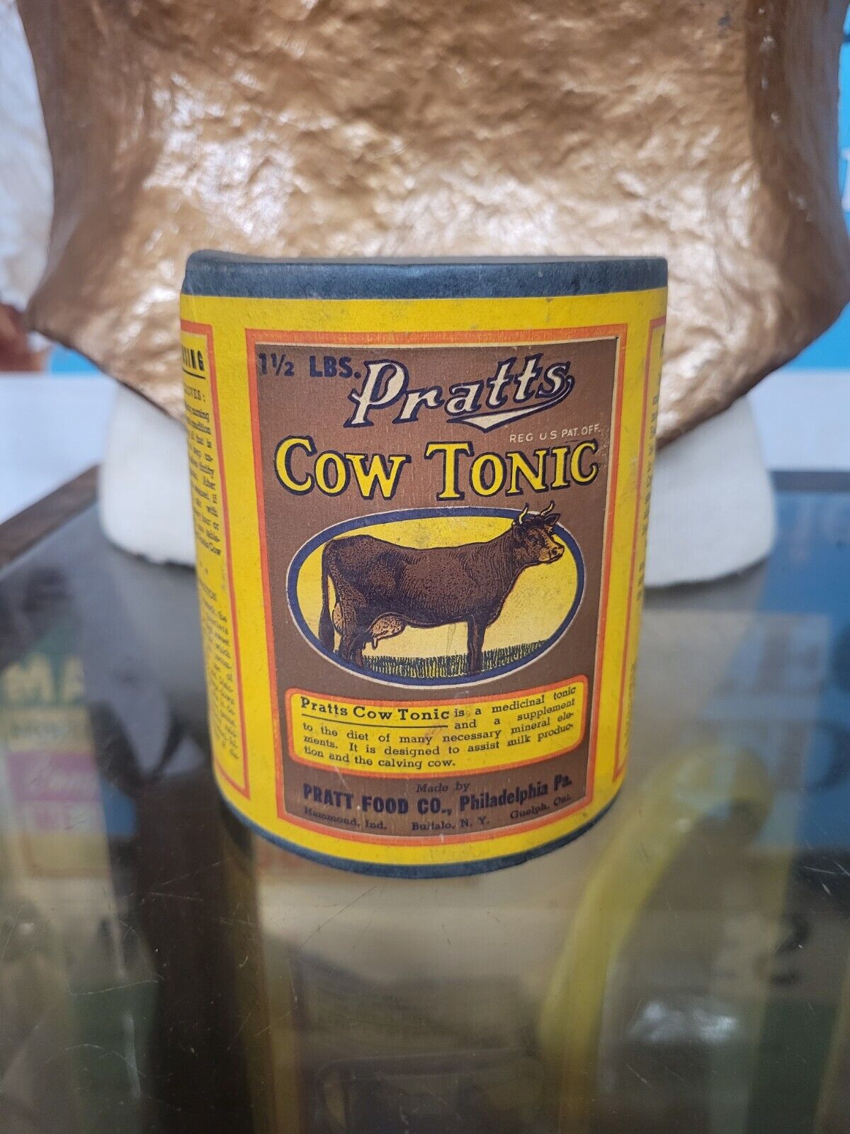 Vintage Early Pratts Cow Tonic Paper Label Cardboard Can NOS