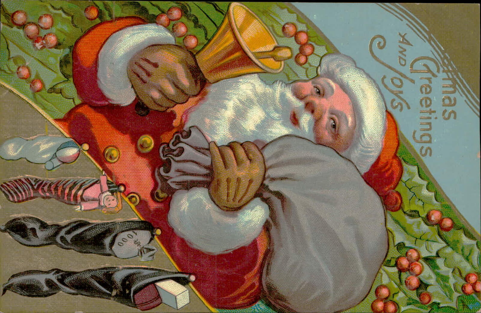 Postcard: Santa with Bell and Stockings 1911 Christmas Greetings and Joys