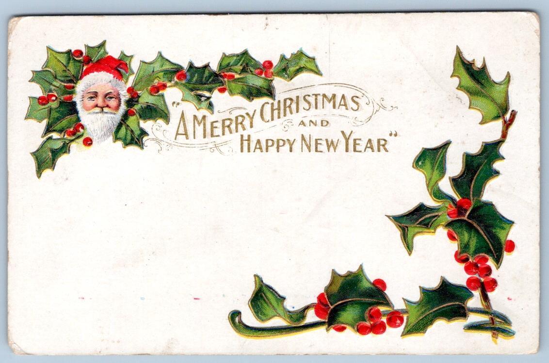 1910 SANTA CLAUS HOLLY SERIES MERRY CHRISTMAS HAPPY NEW YEAR EMBOSSED POSTCARD
