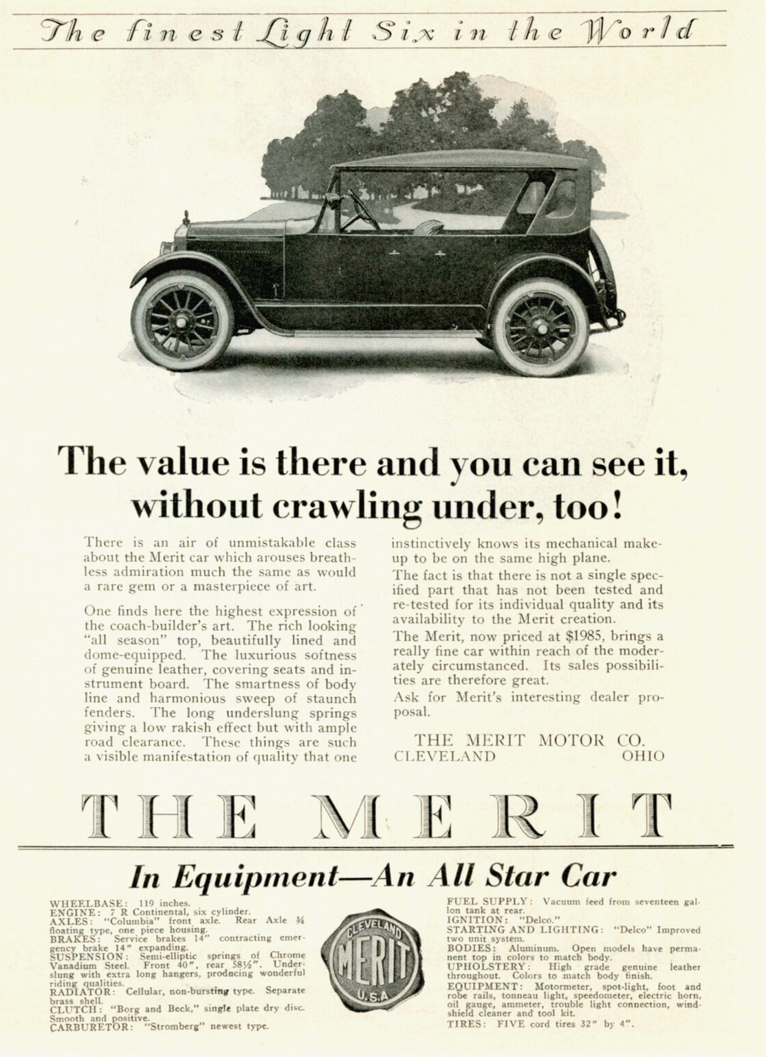 1921 Original Merit Automobile Ad. With Specs. (1921-1922)  Cleveland, Ohio