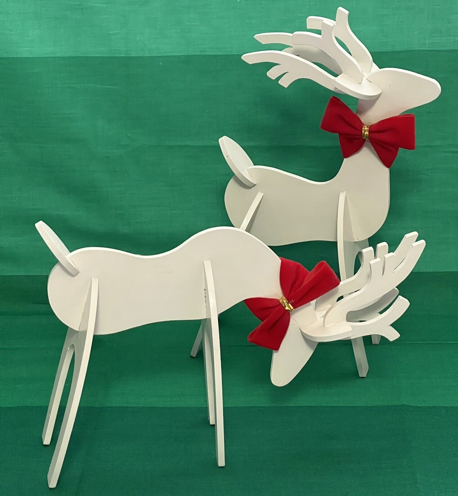 Pair 1980\'s Vintage White Hand Crafted Wood Reindeer Table Top/Under Tree Decor