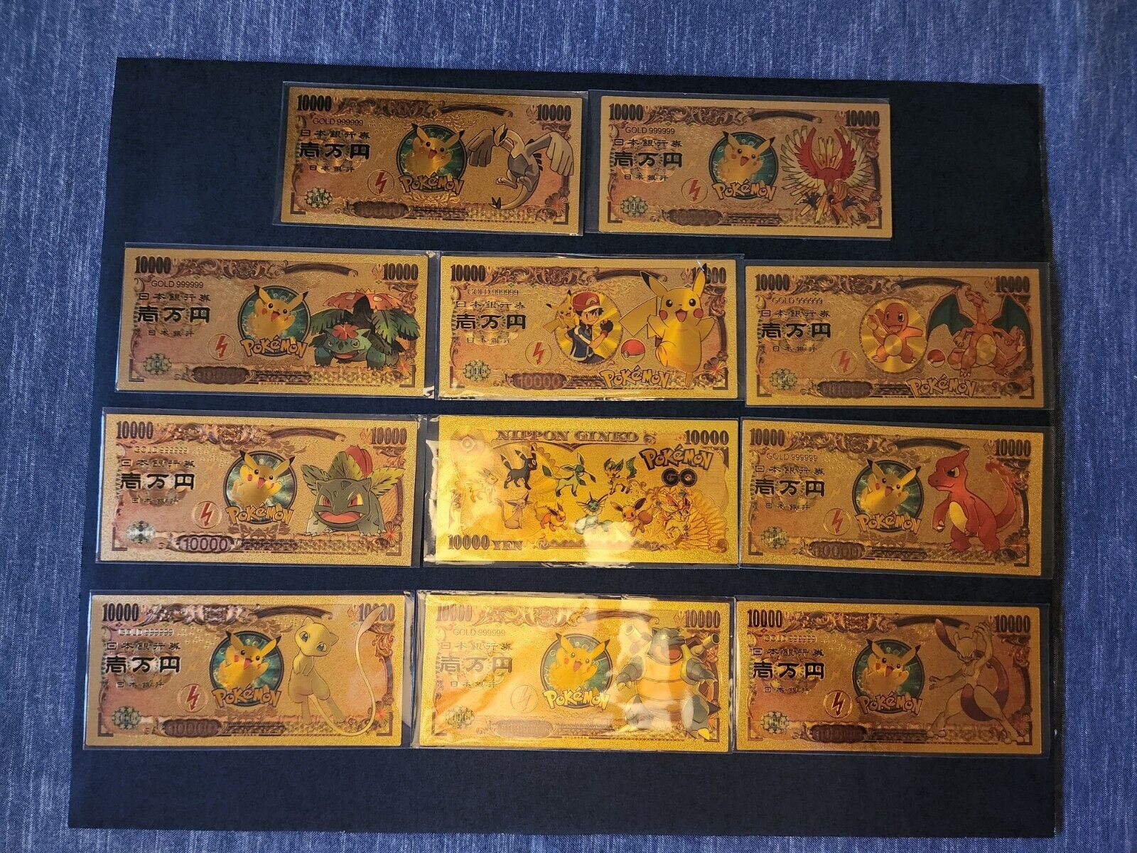 11PCS Japan Anime Pokemon Gold Banknote Cards Pocket Monster Pikachu Collection