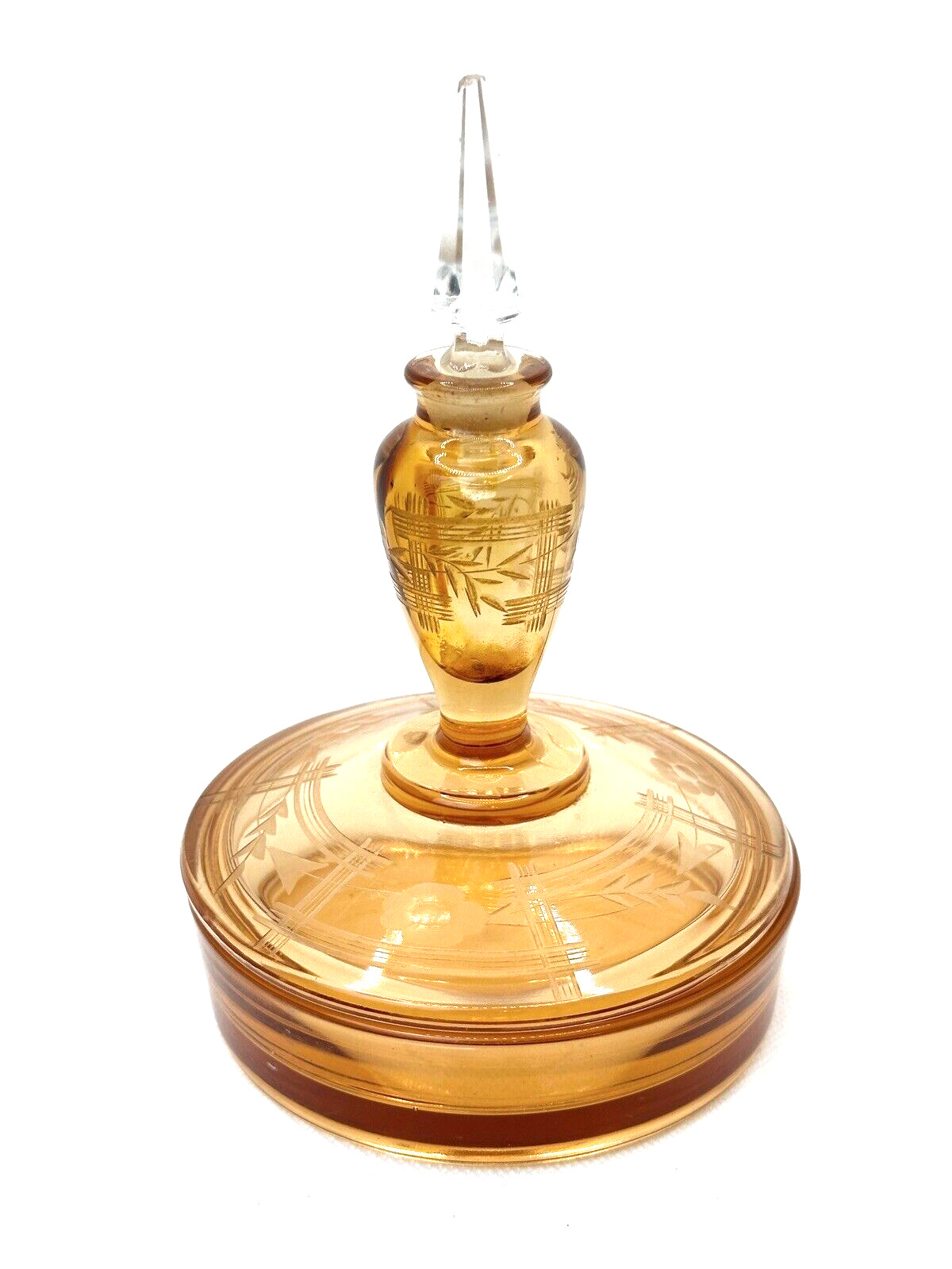 Vtg Rare Fostoria Amber Glass 3 Piece Perfume- Powder Dish With Glass C5