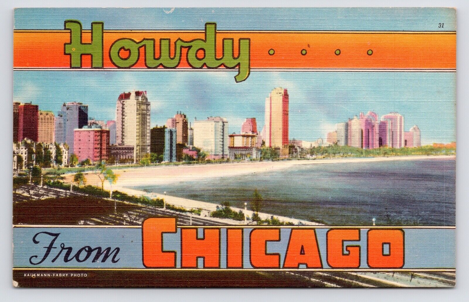 c1940s~Chicago Illinois IL~Skyline~Lake Shore~Large Letter~Souvenir~Vtg Postcard