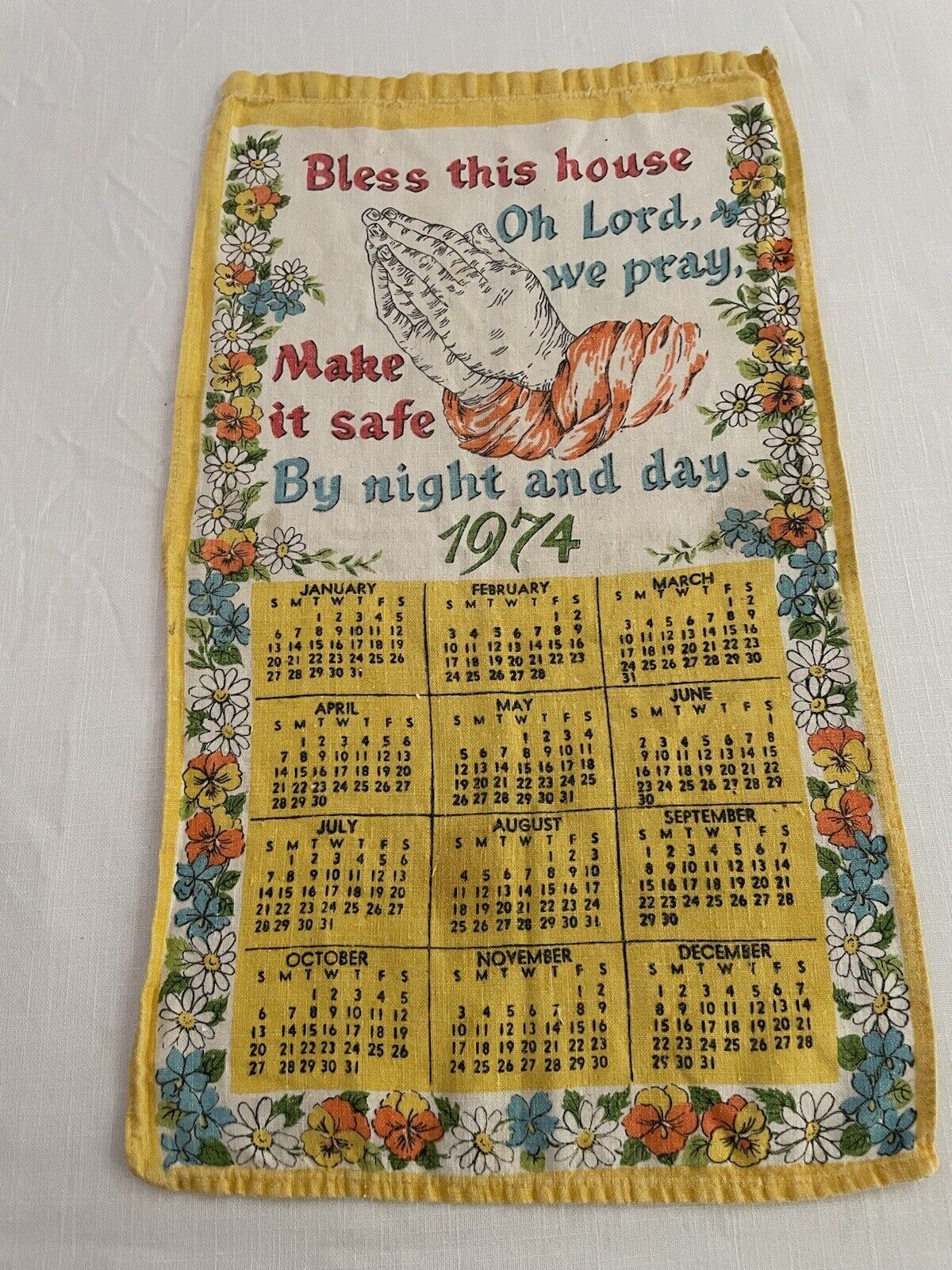 Vintage 1974 Linen Calendar Tea Towel, Bless this house, Oh Lord We Pray