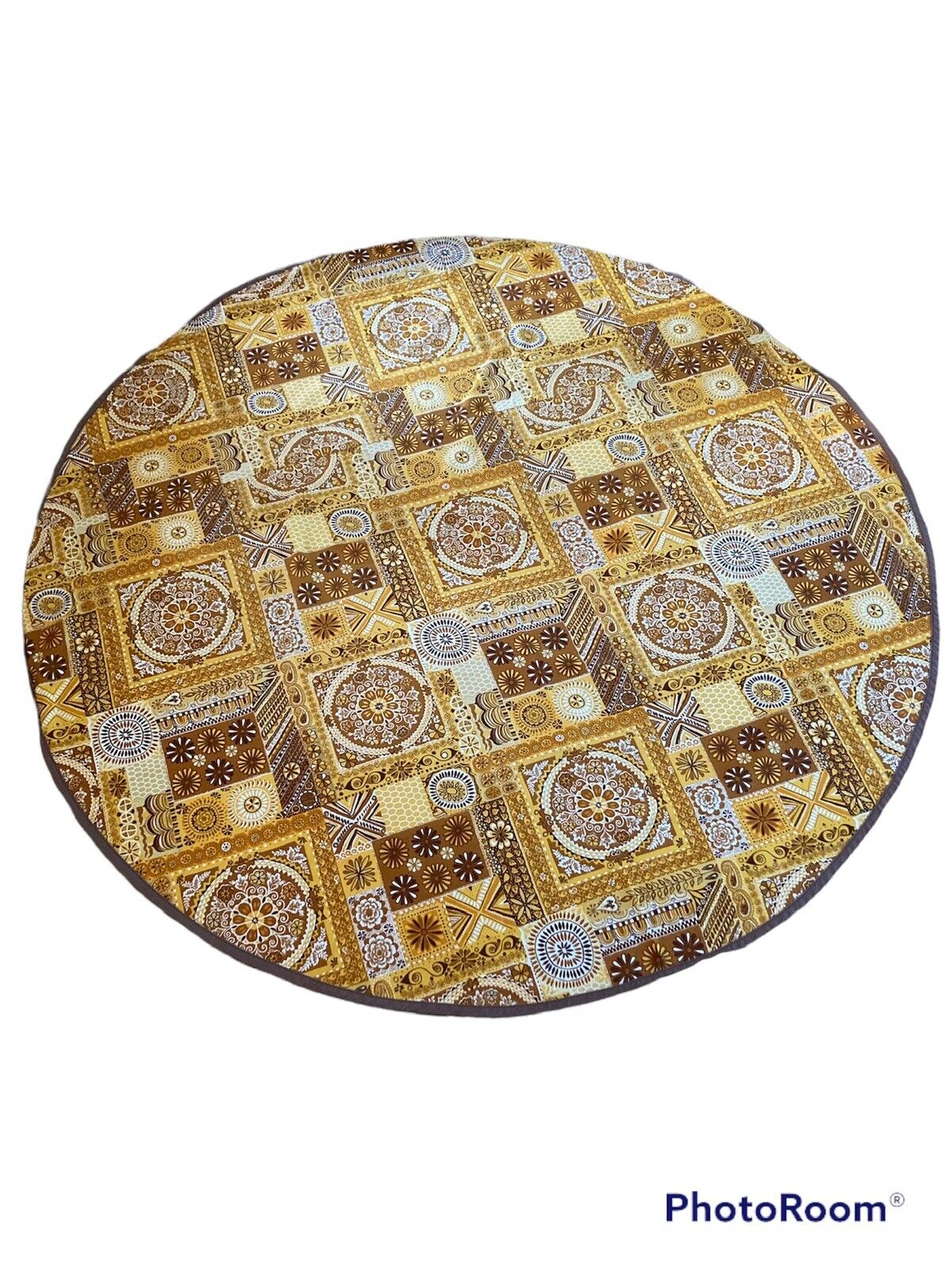 Vintage 60’s 70’s MOD RETRO Brown & Gold 66” Round Tablecloth MINT