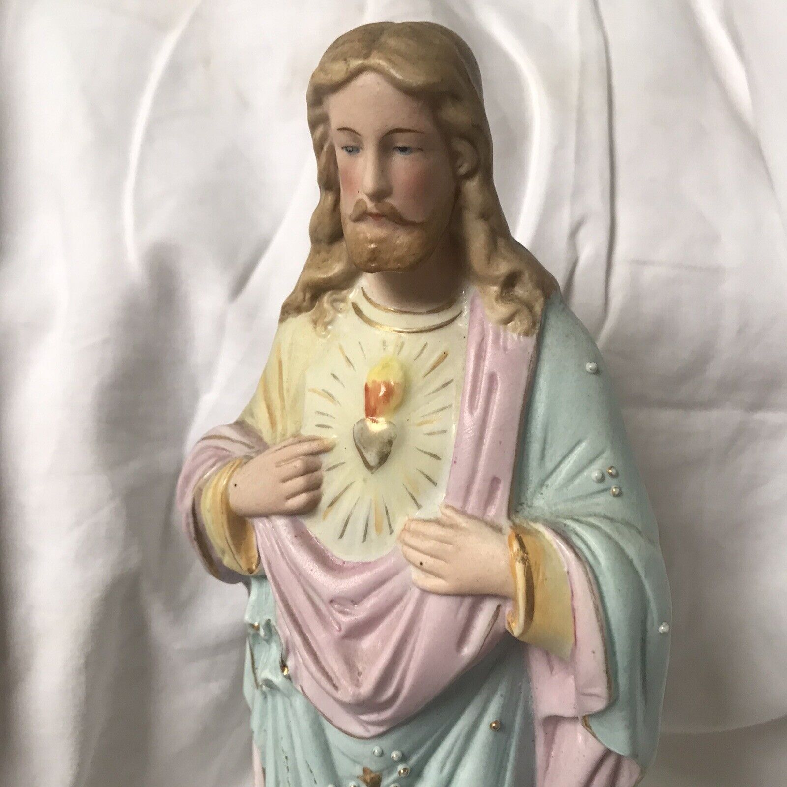 Antique french vieux paris porcelain sacred heart Jesus statue 9” France