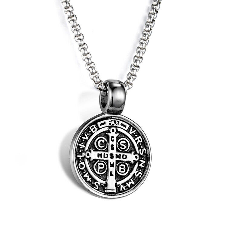 St Saint Benedict Medal Pendant Necklace Stainless Steel Cross Crucifix DEZILOO 