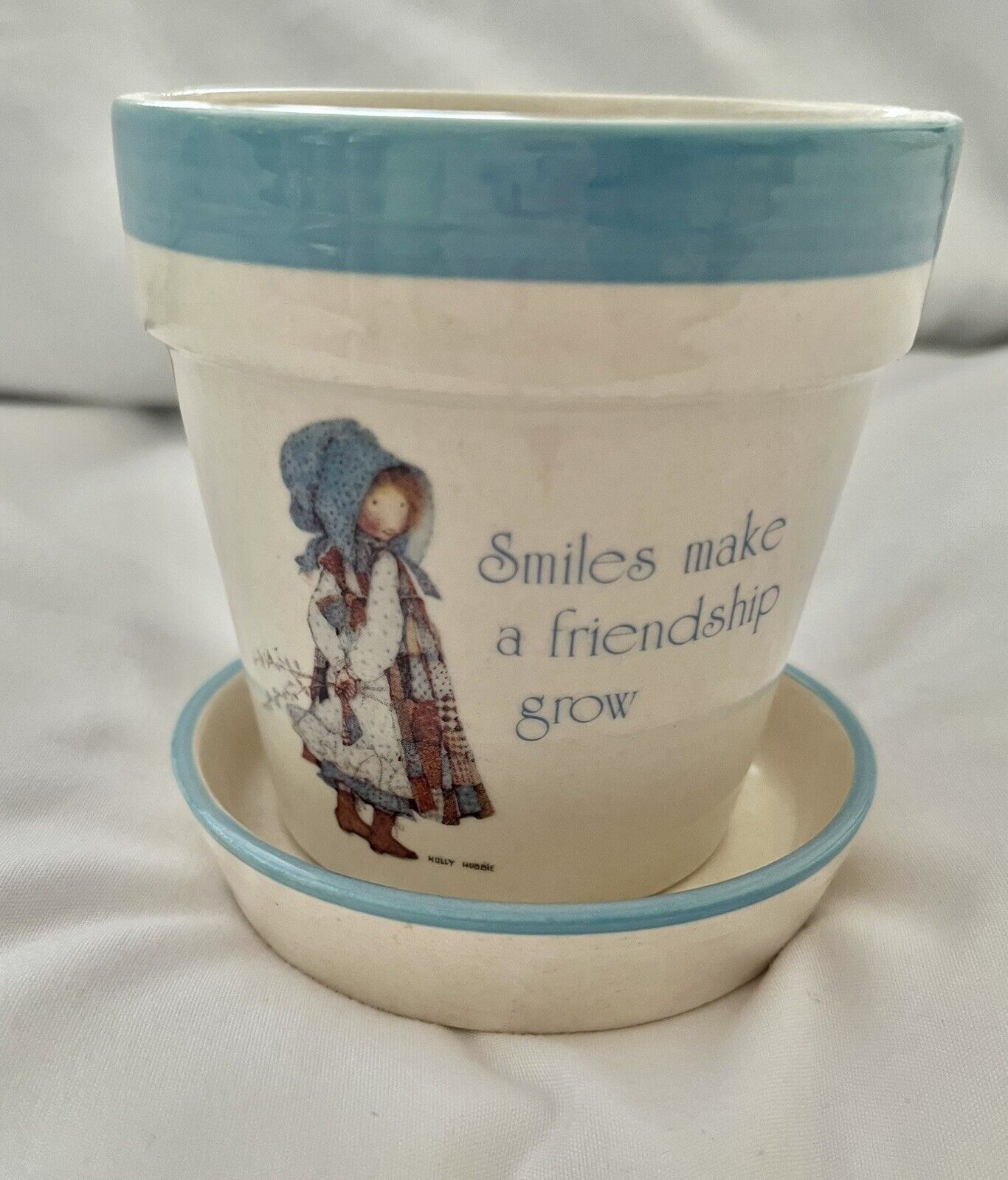 Vintage Holly Hobbie Blue Girl Porcelain Small Planter & Plate EUC Japan