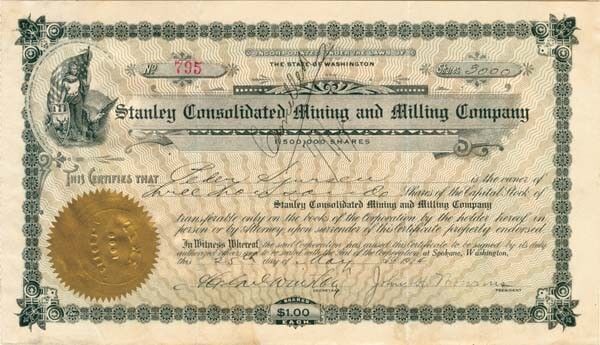 Stanley Consolidated Mining and Milling Co. - Stock Certificate - Mining Stocks