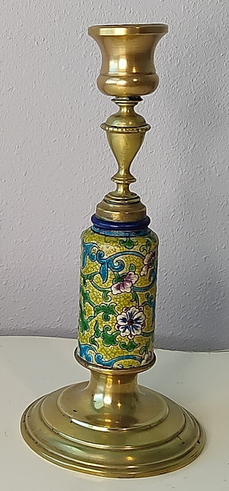 Antique Longwy Yellow Candlestick Enamel Tile Pottery Brass 8.5\