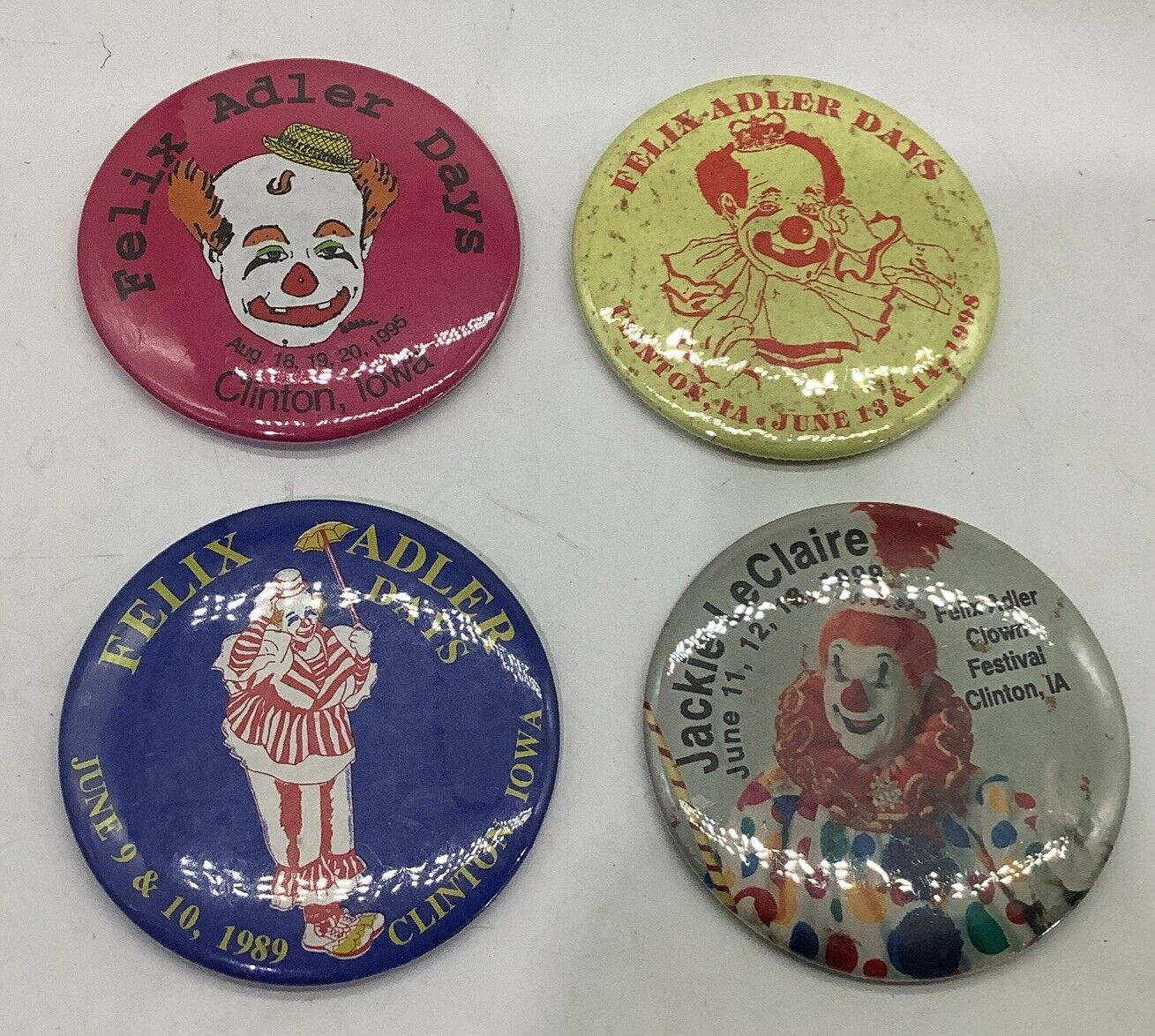 Felix Adler Clown Festival Buttons Pins 1989 -95 -98 -99 Clinton Iowa 3” Pinback