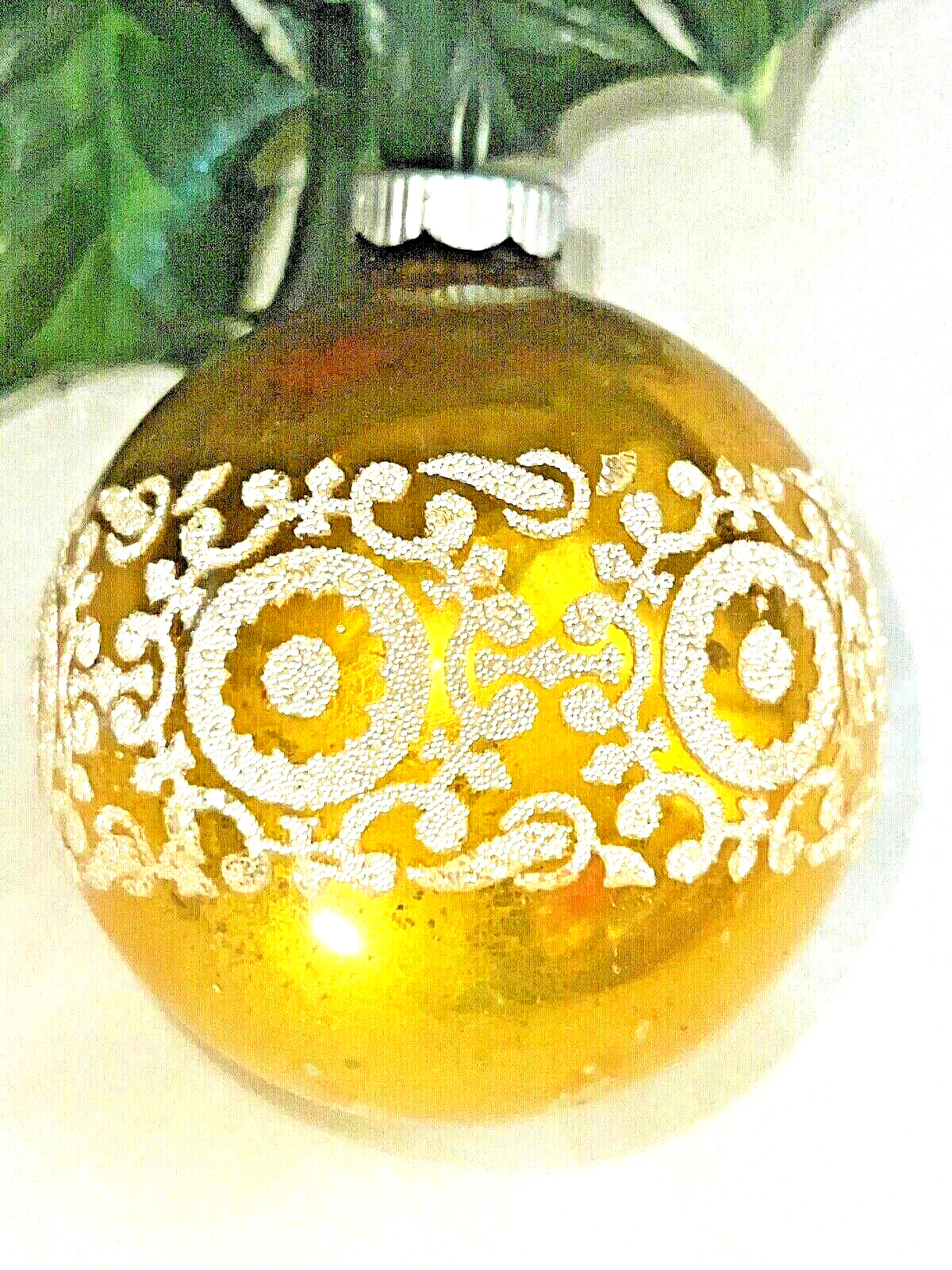 MCM Vintage SHINY BRITE Gold WHITE GLITTER STENCIL Glass CHRISTMAS ORNAMENT