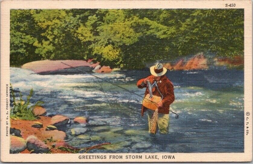 Vintage 1944 STORM LAKE, Iowa Postcard River Fishing Scene / Curteich Linen
