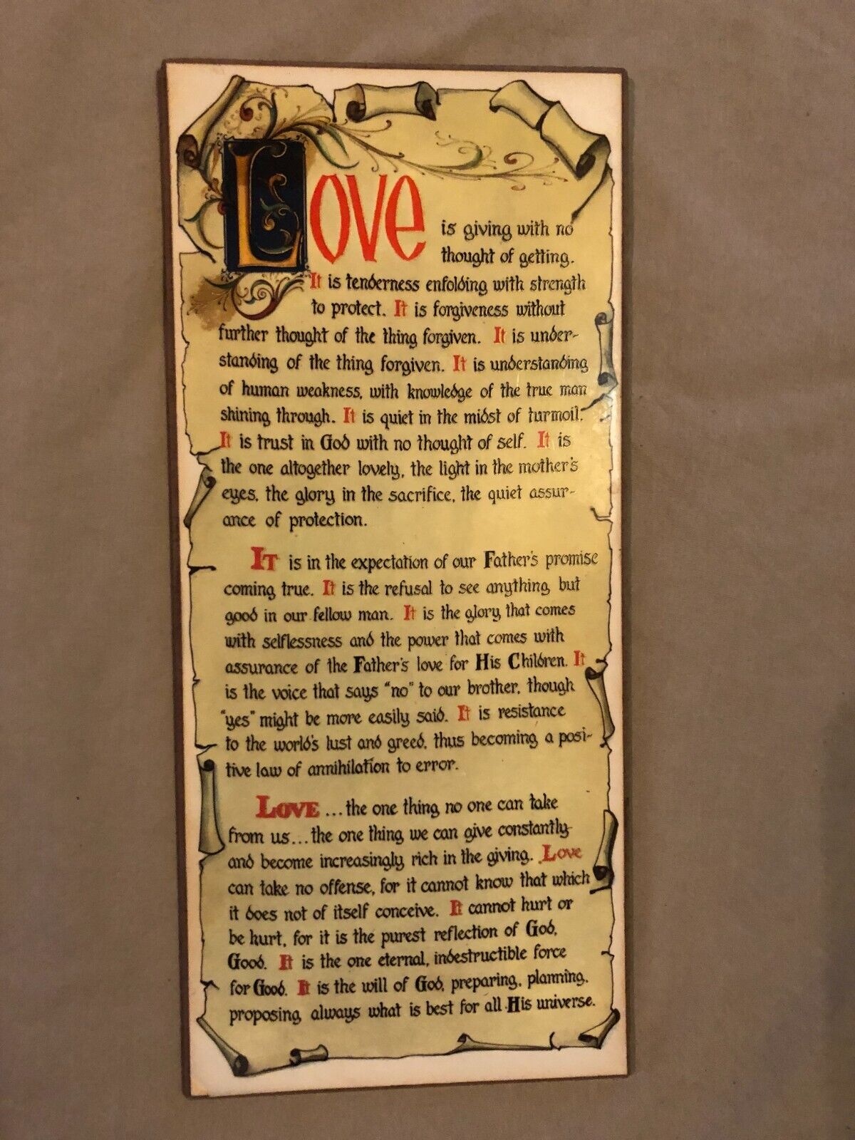 Vintage Early 1970\'s Plaque - Love is giving ... 12.5\