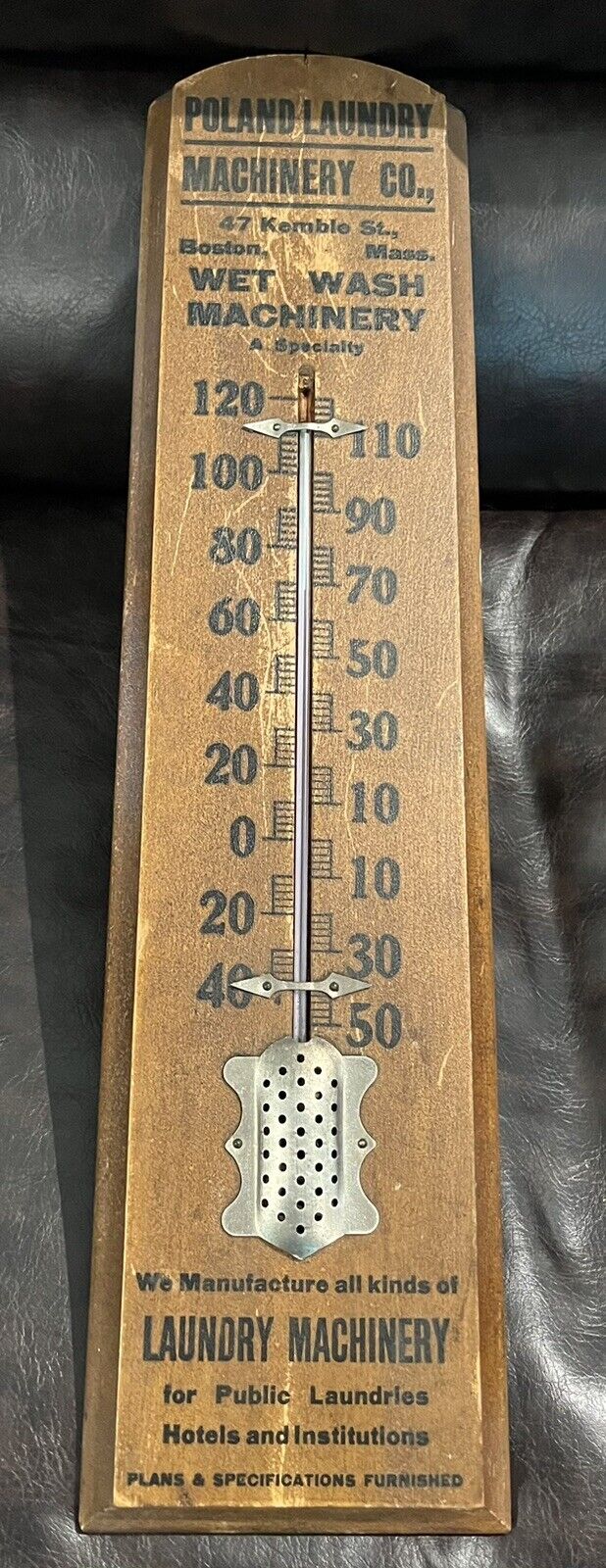 WOOD THERMOMETER ANTIQUE POLAND LAUNDRY MACHINERY CO BOSTON T.B THERMOMETER CO.