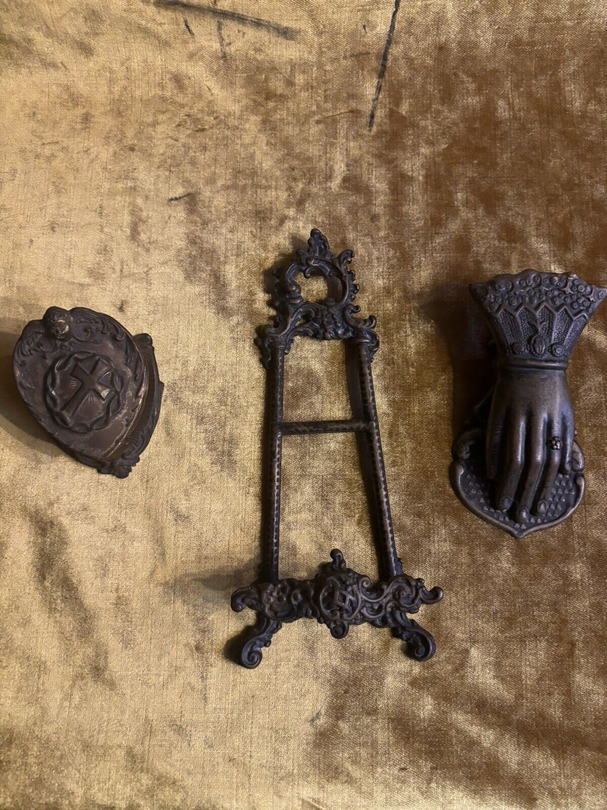 Antique Victorian Lot Of 3 Bronze Brass? Items Memento Mori Box Letter Holder 