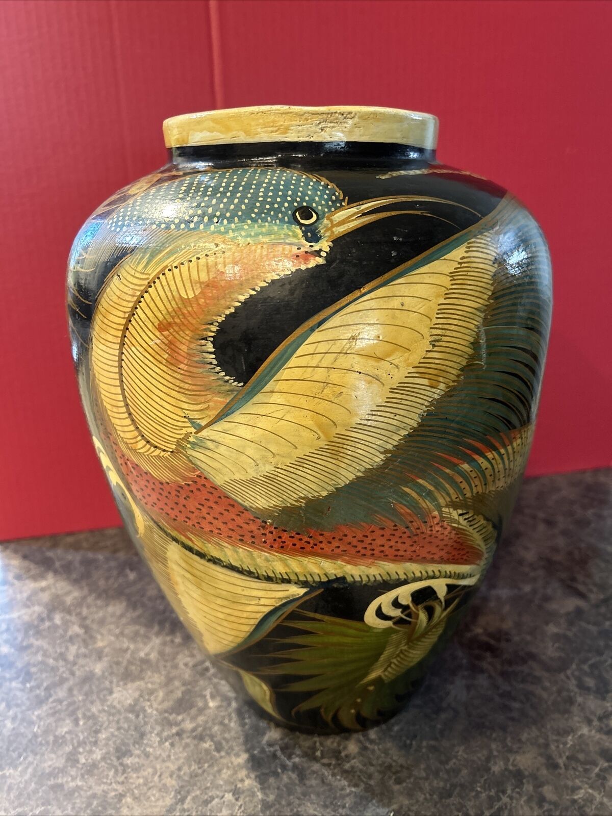 Large Vintage Mexican Tonala Haint Painted Vase/urn/  Exotic Bird and Flowers