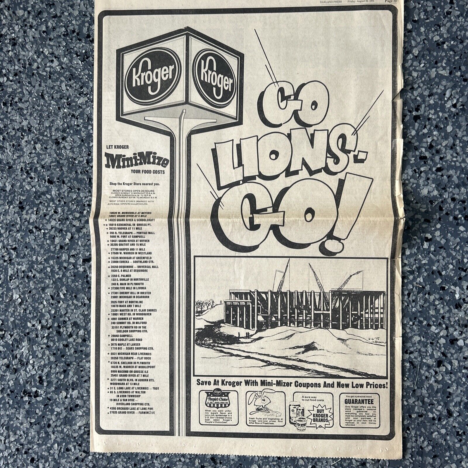 Vintage Newspaper - 1975 - Ponmet Stadium, Detroit Lions, Kroger