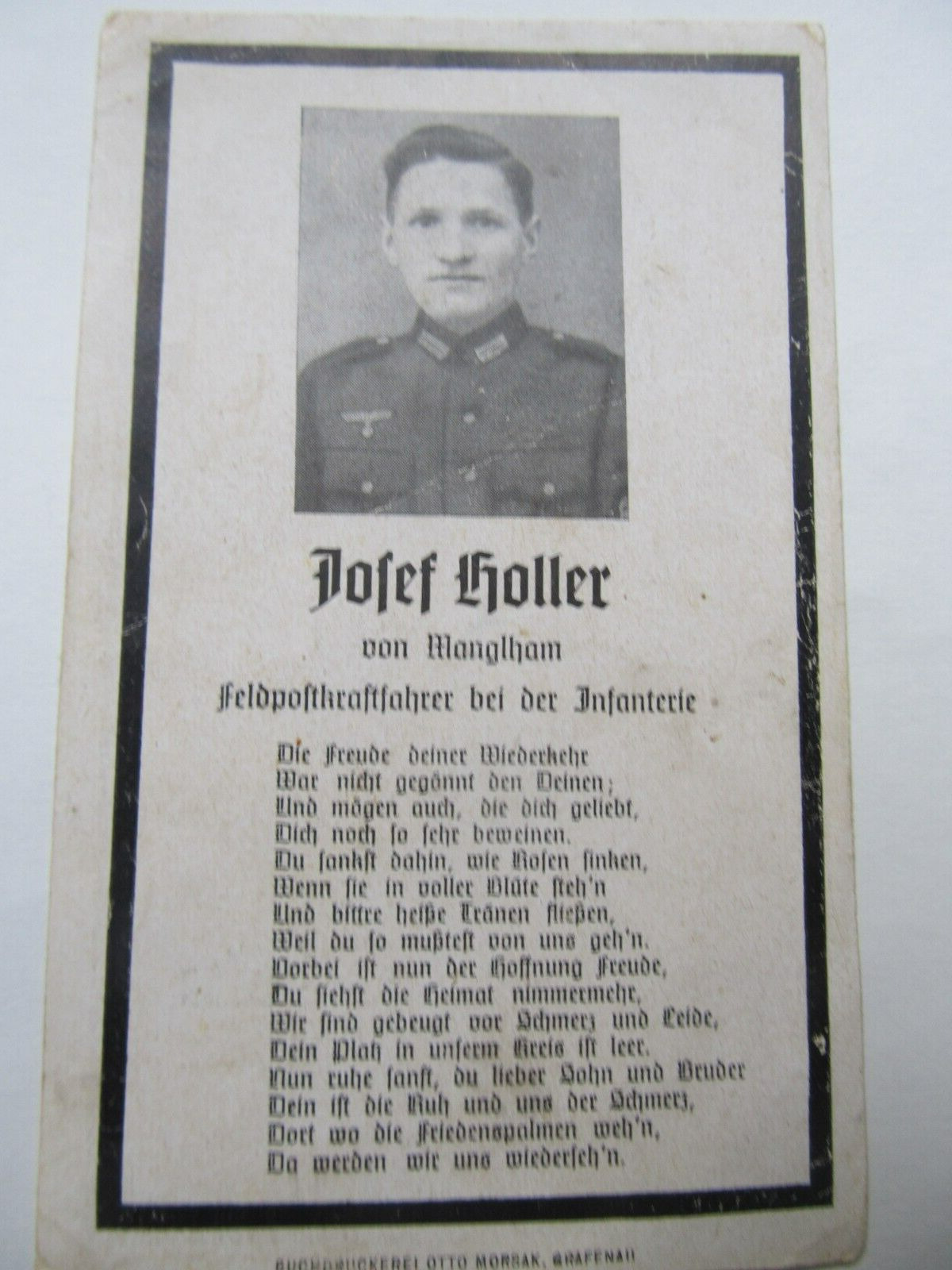 RARE & UNUSUAL WWII German Death Card for FELDPOST (Field Mail) TRUCK DRIVER