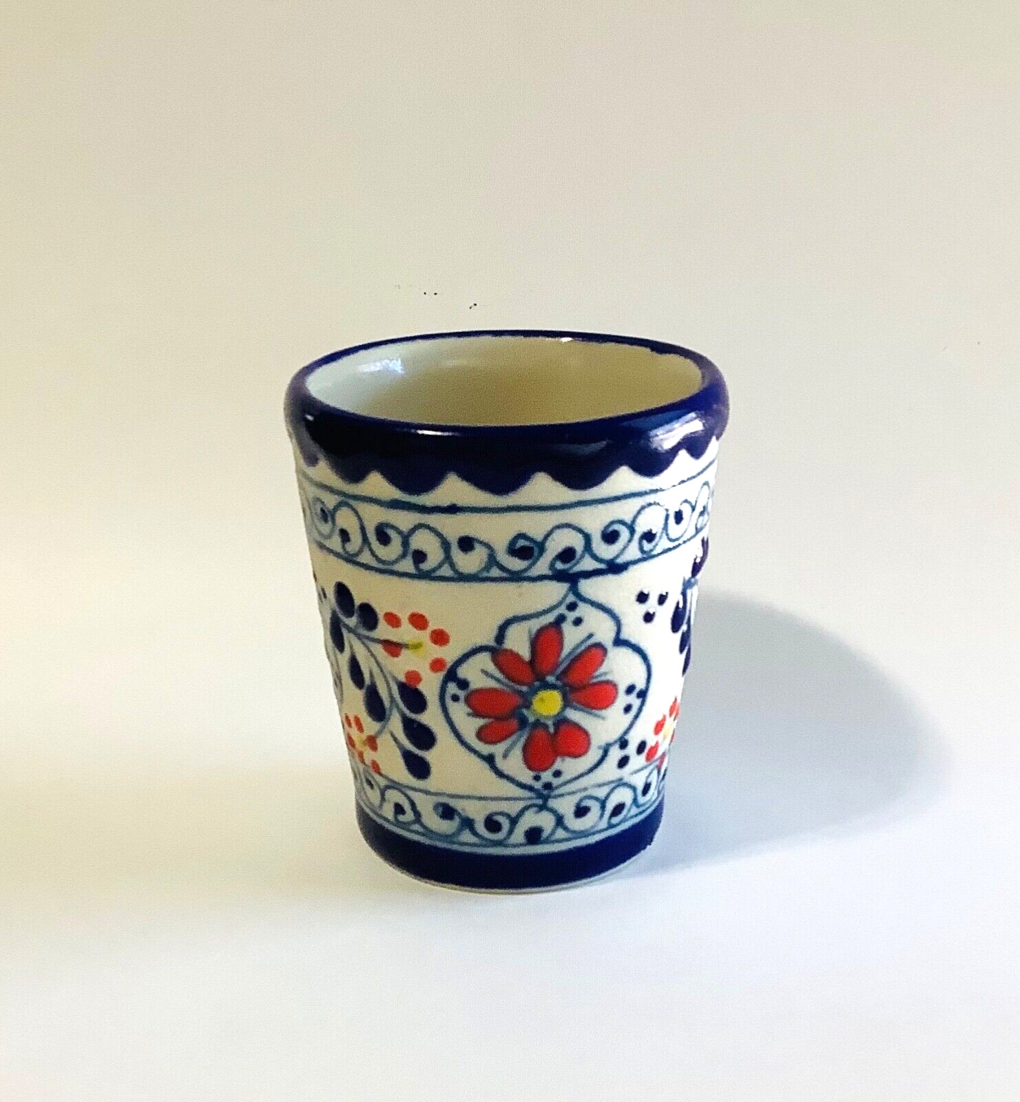 Pottery Hand Painted Shot Glass Blue Red Teeny Cup 2.5 in \