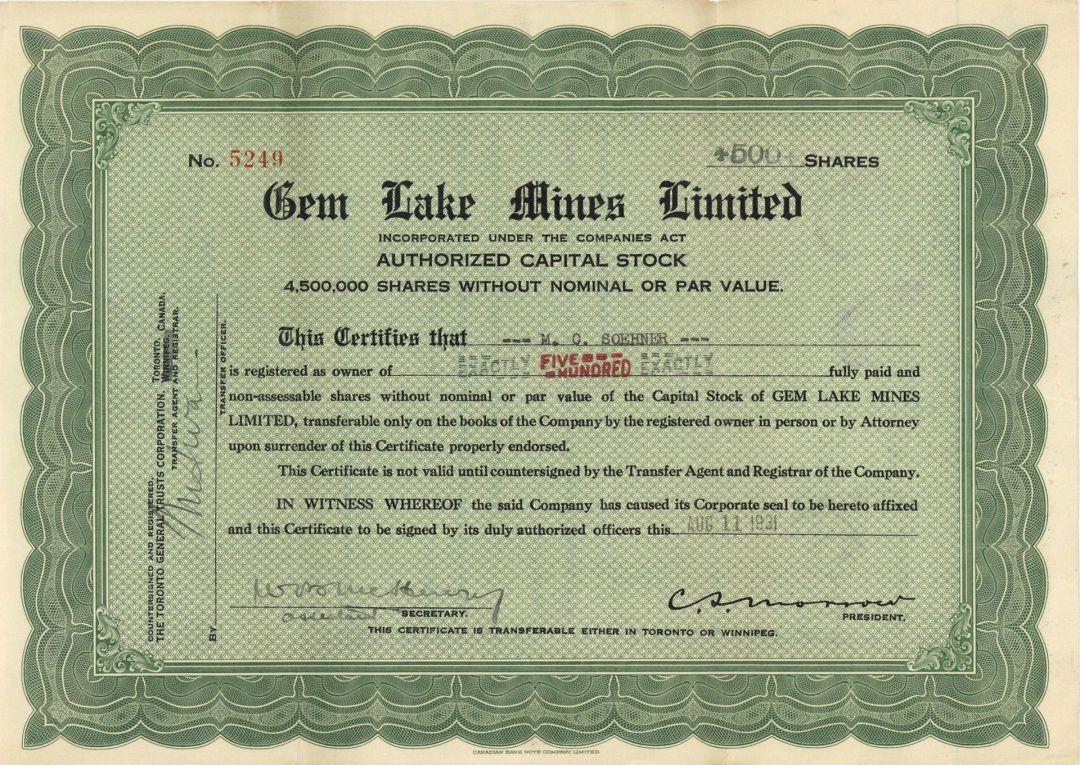 Gem Lake Mines Limited - Foreign Stock Certificate - Foreign Stocks